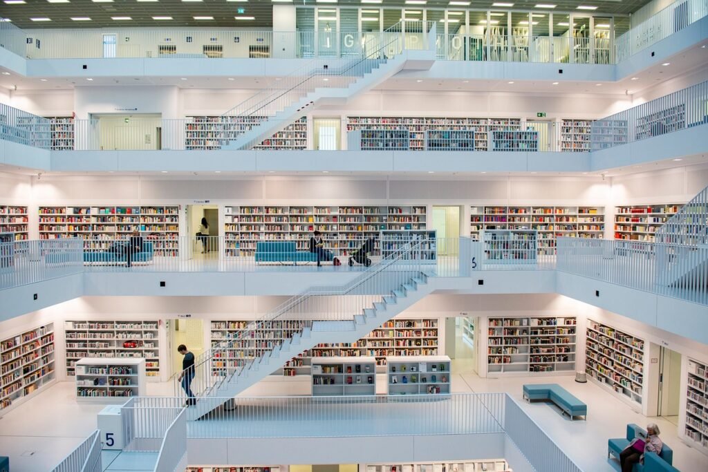 library, architecture, books, interior, interior design, stairs, bookshelves, bookcase, knowledge, reading, modern design, modern architecture, building, europe, modern, stuttgart, library, library, library, library, library, knowledge