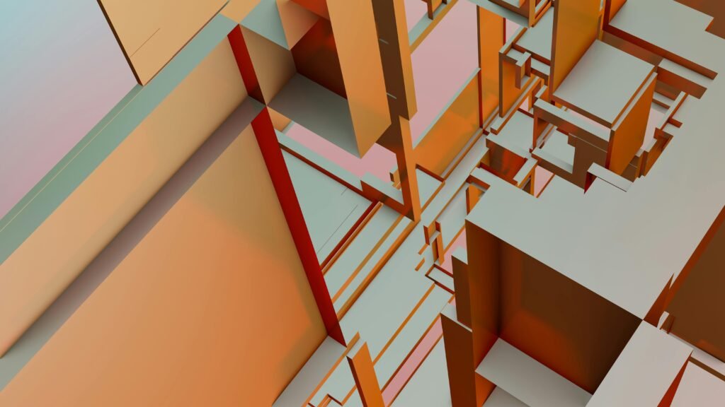 Intricate abstract geometric design with warm orange tones creating a 3D architectural concept.